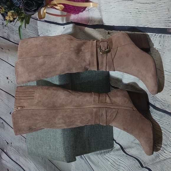 BellaVita Tall Harness Buckle Fashion BlockHeel Boots Taupe Suede - Picture 12 of 14